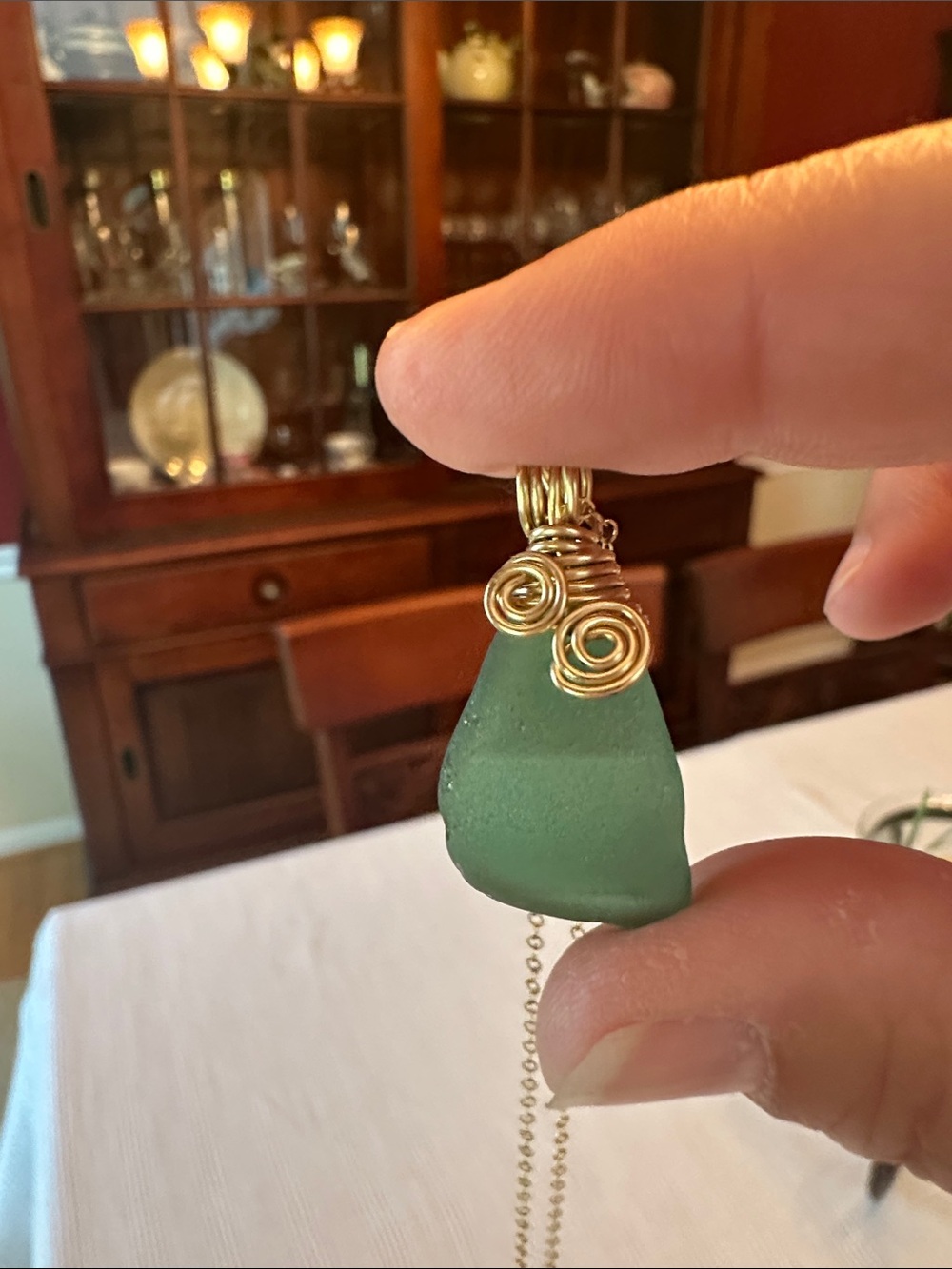 Gold-Wrapped Teal/Green Authentic Sea Glass Pendant w/gold fill chain - Picture 8 of 11